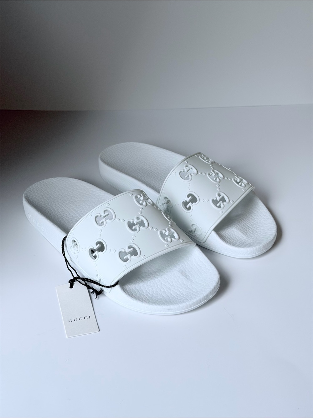 Gucci White GG Pool Slide Sandals